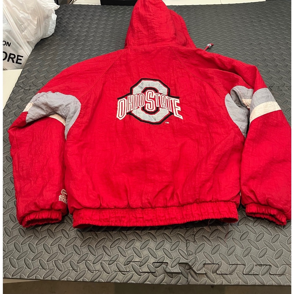 Starter Ohio State Jacket Mens L Red Vintage 90s Hooded Full Zip Windbreaker - Picture 6 of 14